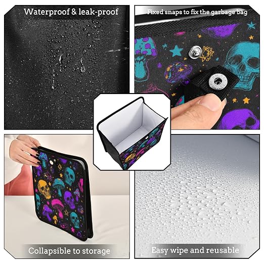 Car Trash Can Organizer Bin with Adjustable Strap for Back Front Seat Console Waterproof Leakproof Collapsible Portable 11 Inch Neon-colored Skulls Stars Mushrooms