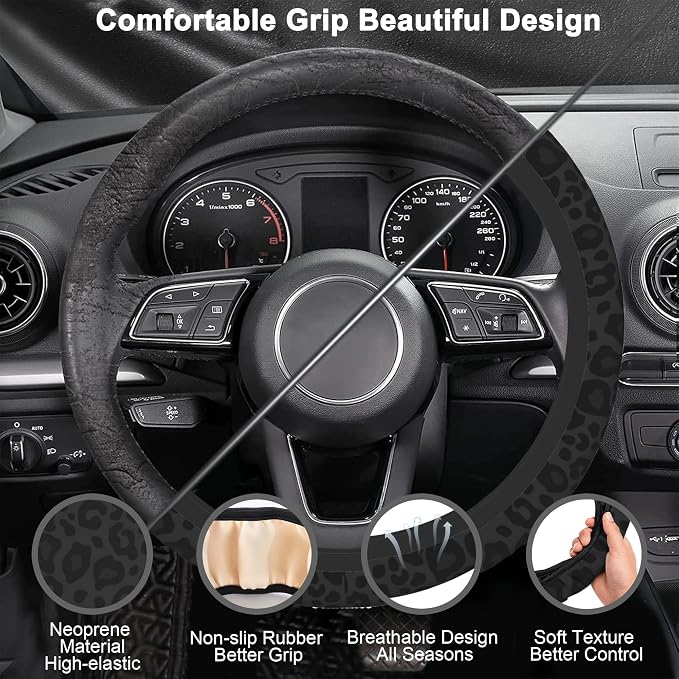 Black Leopard Steering Wheel Cover with 2 PCS Cup Coasters for Car,Black Cheetah Print 15 Inch Non-Slip Neoprene Steering Wheel Covers,Breathable Car Accessories Fit for Men Women