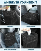 Car Trash Can with Lid, Leakproof Car Trash Bag Hanging Waterproof Automotive Garbage Can with Storage Pockets Mini Vehicle Trash Bin for Back/Front Seat(Sparkly Black,2.5 Gallon)