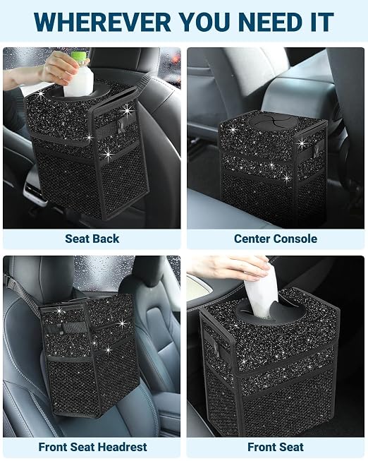 Car Trash Can with Lid, Leakproof Car Trash Bag Hanging Waterproof Automotive Garbage Can with Storage Pockets Mini Vehicle Trash Bin for Back/Front Seat(Sparkly Black,2.5 Gallon)