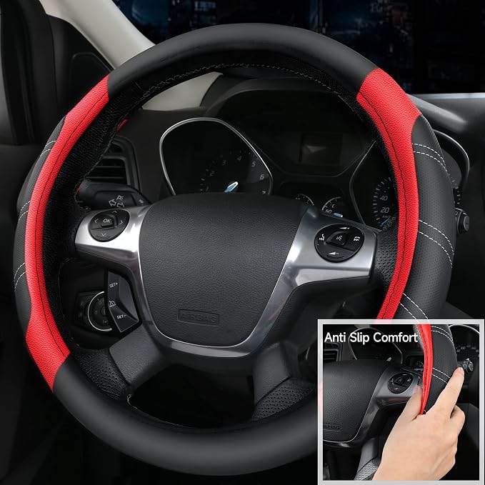 Leather Steering Wheel Cover and Waterproof Car Floor Mats,Microfiber Universal Car Combo Fit for 95% Sedan,SUV,Cars,14.5-15inch Sporty Anti-Slip Safety Comfortable Design(Black＆Red)