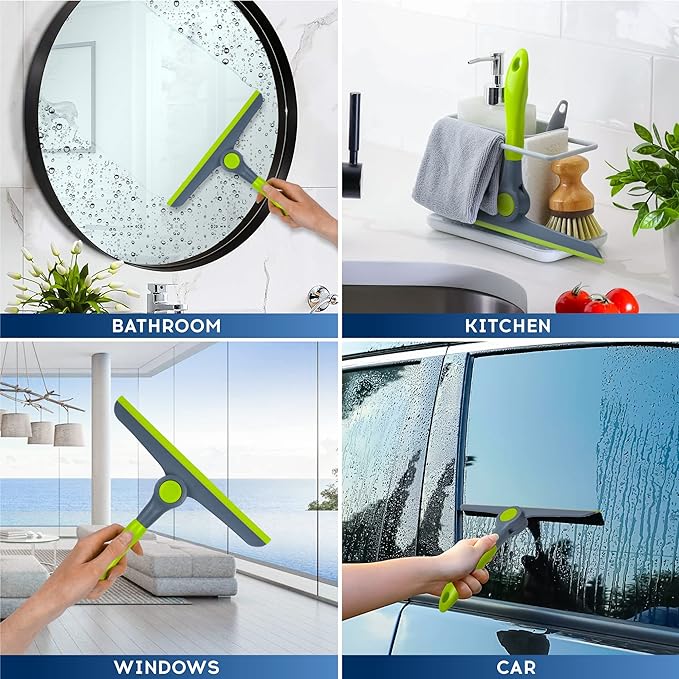 10" Heavy Duty Green, Grey Window Cleaning Squeegee, Handheld Squeegee for Glass Doors, Windows, Car Windshields & More