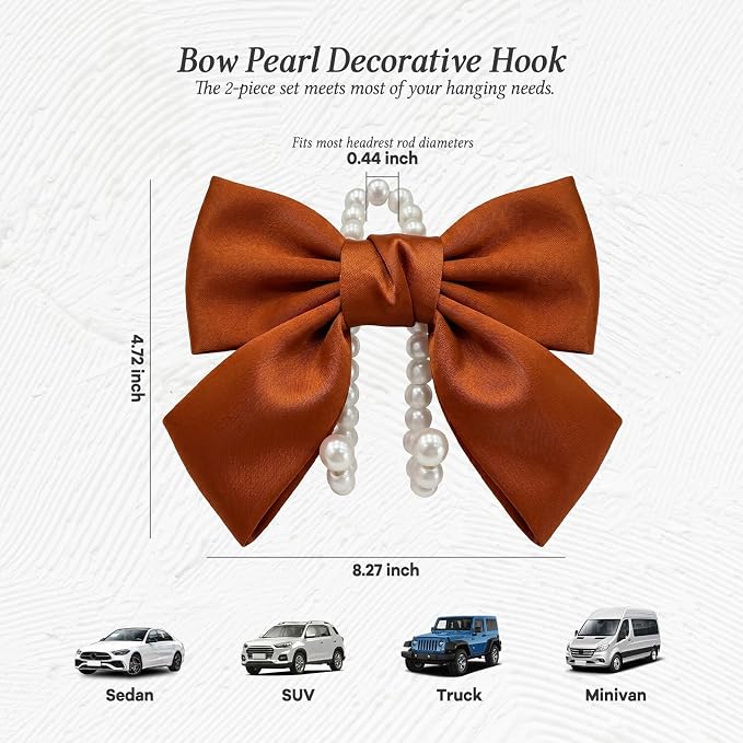 2PCS Satin Bow Pearl Car Seat Headrest Hooks – Car Bag Holder & Vehicle Hanger for Purses – Cute Coquette Aesthetic Interior Decoration – Cute Auto Organizer Accessories Universal (Woody Brown)