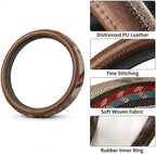 Universal 15inch Ethnic Style Baja Blanket Steering Wheel Cover with Coarse Flax Cloth and Sweat Absorption Anti Slip Car Wrap (Boho Brown leather2)