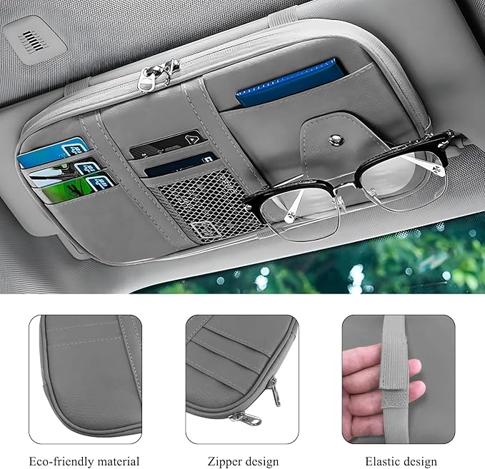 Car Sun Visor Organizer, Leather Multi-Pocket Visor Organizer Pouch with Double Zippers Net, Sunglass Holder Storage Pocket for License Pen Key Card Registration Document (Gray)