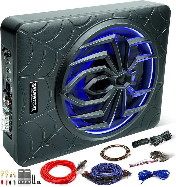 10" 1200W Slim Under Seat Powered Car Subwoofer, Car/Truck Audio Sub Built in Amplifier amp Combo, with RGB LED Light (Subwoofer + Mounting Wire Kit)