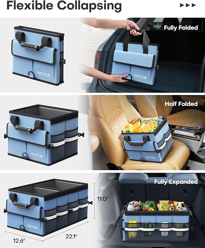 Car Trunk Organizer - Foldable Trunk Organizer for SUV, Car Storage with Reflective Strips & Securing Cover, Large Capacity Car Accessories for Truck, Van & Sedan, Blue, 22.1" x 12.6" x 11.0"