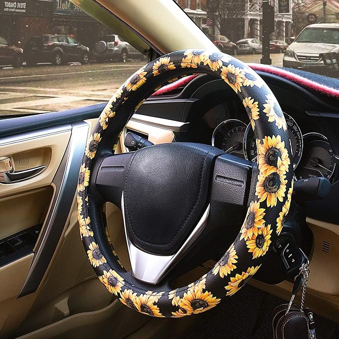 Sunflower Steering Wheel Cover Cute and Handmade,Leather Universal Steering Wheel Cover 15 inch, Fashionable Boho Sunflower Car Accessories for Women,Top Girl Car Accessories