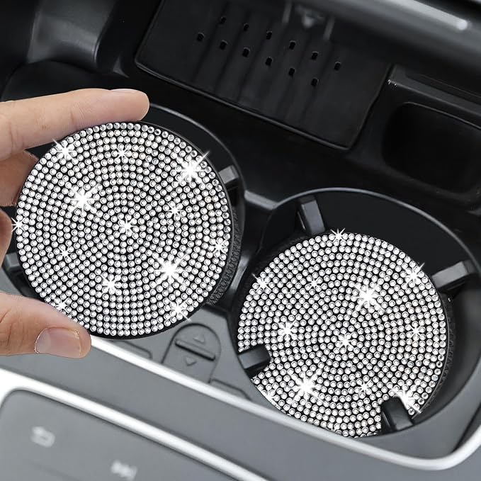 4 Pack Bling Car Coasters, Car Cup Holder Coaster, Rhinestone Coaster for Cup Holders, Silicone Car Coasters for Women Car Interior Accessories (2.75'' White Crystal Circle)
