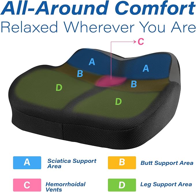Car Seat Cushion for Driving, Car Seat Pillow for Short Drivers | Ergonomic Memory Foam Seat Cushion for Pain Relief, Adult Booster Seat for Car, Butt Cushion for Car, Truck, Classic Black