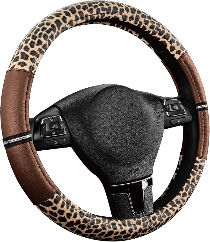 Leopard Steering Wheel Cover for Women, Cute Anti-Slip Microfiber Leather, Universal Fit 14.5-15 Inch Round Steering Wheel - Brown