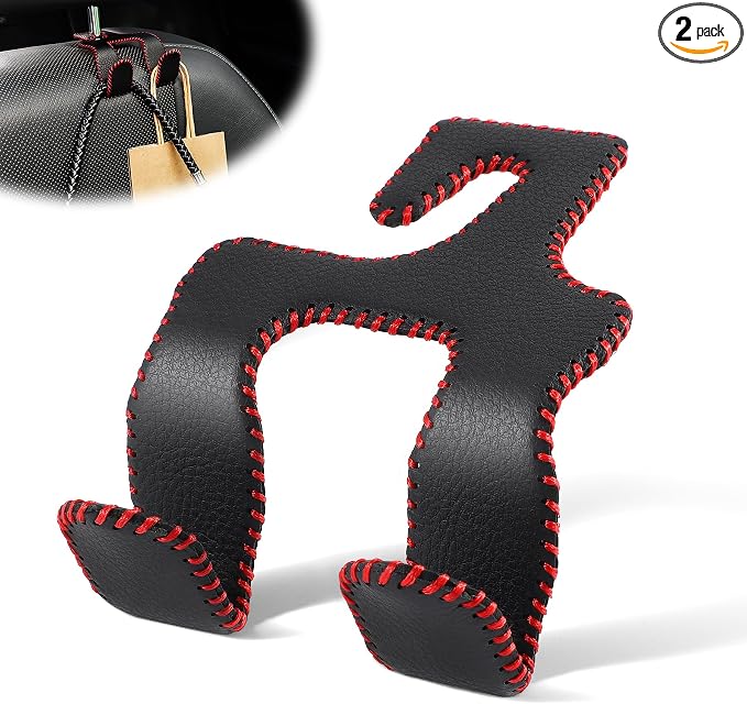 Upgraded Superior Leather Car Seat Back Headrest Hook, 2 in 1 Auto Seat Hook Hangers Holder Organization Interior Accessories for Purses Coats Umbrellas Grocery Bags Handbag (Black/Red)