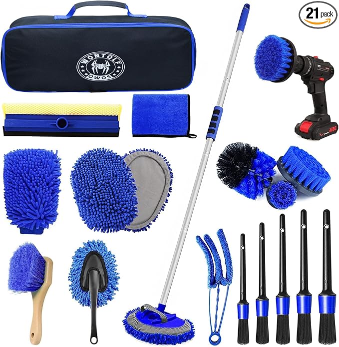 62'' Car Wash Brush Kit with Long Handle, Microfiber Car Wash Mop Mitt, Car Cleaning Detailing Kit, Exterior Interior Car Cleaning Supplies for Cars RV Truck Boat