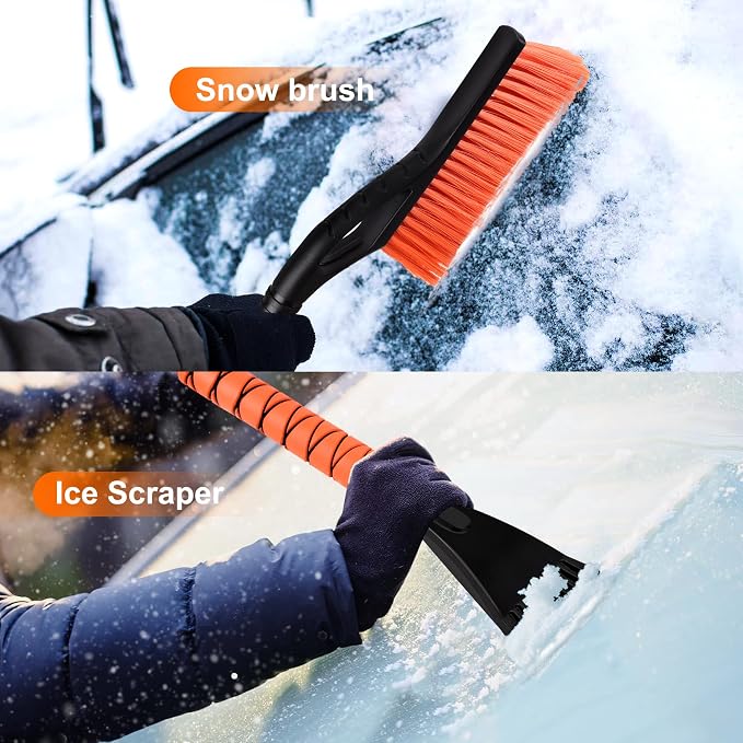 27" Heavy Duty Snow Brush and Ice Scraper | Scratch-Free Bristle Head & Detachable Scraper with Aluminum Body and Ergonomic Grip | Snow Removal Winter Car Accessories