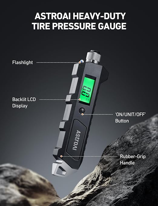 Digital Tire Pressure Gauge, 230 PSI 4 Settings Heavy Duty for Car Bicycle with Larger Backlit LCD Flashlight and Non-Slip, Black