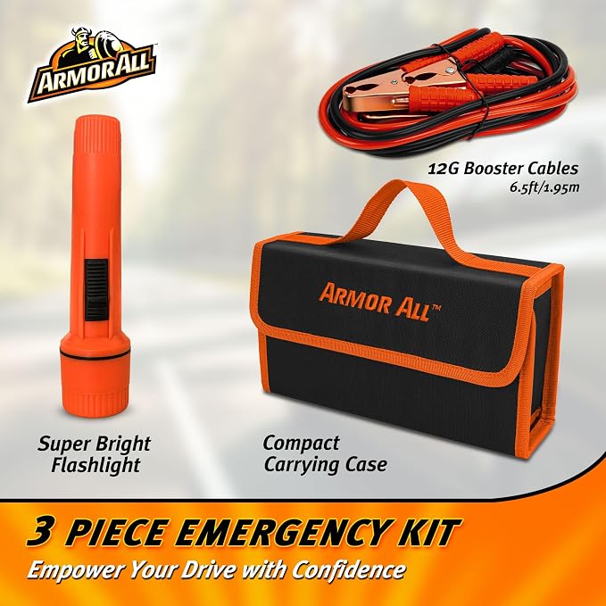 3pc Roadside Car Emergency Kit - Storage Bag, 12 Gauge 6.5 Ft Battery Cable, Flashlight, Roadside Assistance, Car Emergency Roadside Kit - Safety Kits for Cars
