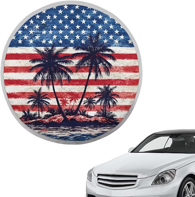 American Flag Palm Tree Steering Wheel Cover Sunshade Easy to Install Steering Wheel Sun Shade Cover Block UV Rays Car Interior Accessories for Sun Heat Fit Most Car