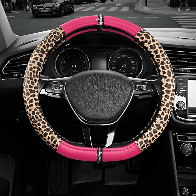 Leopard Steering Wheel Cover for Women, Cute Anti-Slip Microfiber Leather, Fits D Shape Flat Bottom Steering Wheel 14.5-15 Inch - HotPink