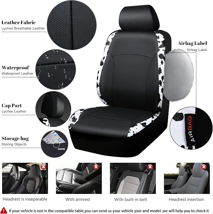 Cow Print Car Accessories Sets Faux Leather Car Seat Covers & Cow Car Mats & Cow Steering Wheel Cover Seat Belt Pads Universal fit for SUV,Van,Saden,Truck Cute Automobile Interior Sets Women