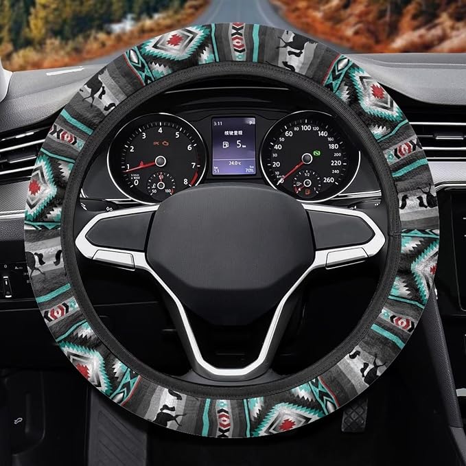 Car Steering Wheel Cover, 15 Inch Soft Breathable Steering Wheel Protector for Women Men, Universal Fit for SUV Sedan Van Truck, Aztec Geometric Horse Gray Teal