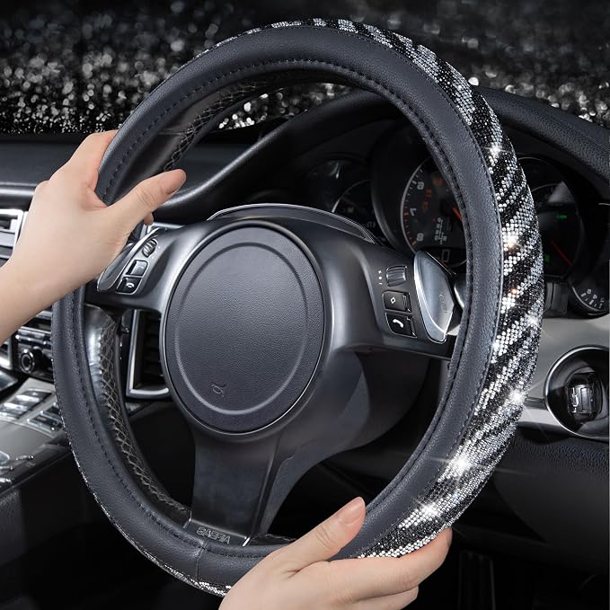 Bling Diamond Leather Steering Wheel Cover, with Bling Sparkly Crystal Glitter Rhinestone Universal Fit 14" 1/2-15" Car Wheel Protector Fit for Women Girl SUV,Vans,Sedans,Trucks, Zebra Print