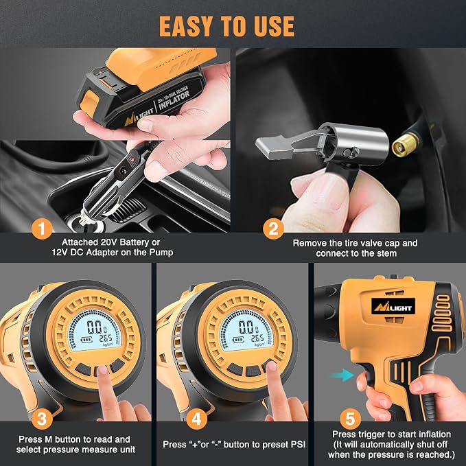 Cordless Tire Inflator Air Compressor Dual Power Supply 20V Rechargeable Battery Powered 150PSI Handheld Air Portable Pump with 12V Adapter Digital Pressure Gauge for Cars Motorcycles