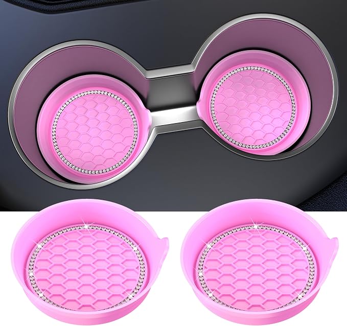 Car Cup Coaster Universal Non-Slip Cup Holders Bling Crystal Rhinestone Car Interior Accessories 2 Pack Pink