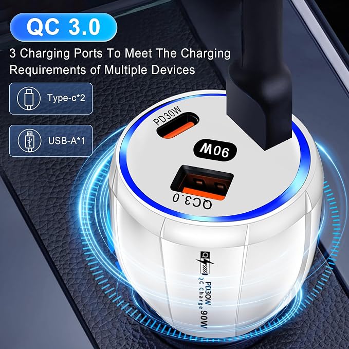 Car Charger Adapter, 3 Port USB-C & USB-A 90W Fast Charger, Car Interior Accessories, Essential Travel Gifts for Men and Women, Fit for iPhone 17/16/15/14/13Pro Max, Samsung, Android (White 1pc)