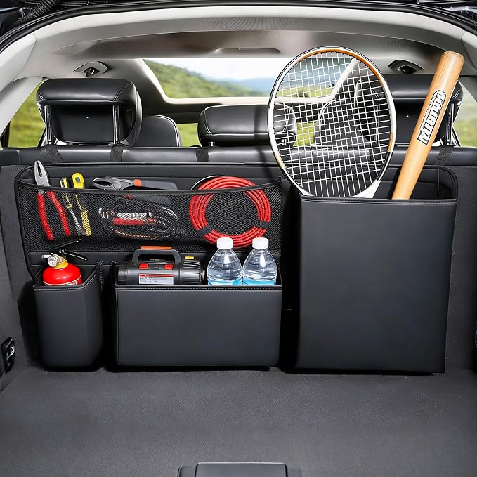 PU Leather Hanging Trunk Organizer, 36in Black | Sturdy Non-Sagging, Tool-Free Install, Fits SUV & Truck, Waterproof Easy Clean, Vertical Backseat Storage