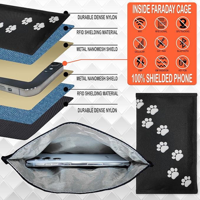 Dog Lover Faraday Bag for Phones & Key Fobs – RFID Shielding Privacy Pouch with Paw Print Design for Pet Owners, Electronic Device Storage Accessory