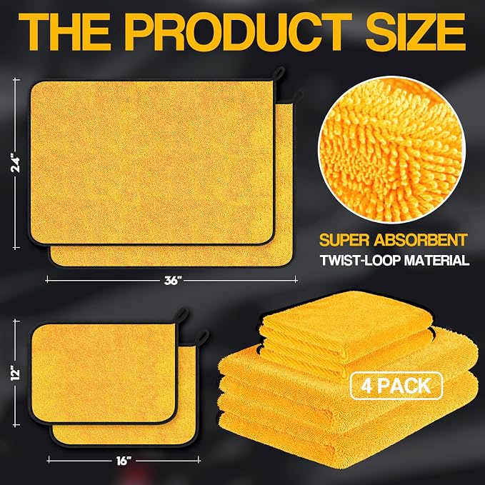 4 Pack Twisted Loop Car Drying Towel, 36x24 in Car Towels Cleaning Supplies, Reusable Shammy Quick Dry Cloth for Carwash, for Auto, Boat, Kitchen, Windows & Bathroom（Yellow）