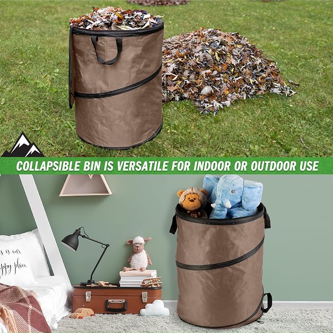 Outdoor Trash Can - 46-Gallon Collapsible Garbage Can with 3 Stakes - Pop Up Trash Can for Camping, Storage, or Yard Waste Outdoors (Beige)