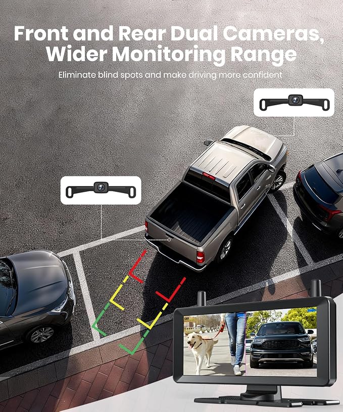 2 Wireless Backup Camera: 7.2" USB-Powered Dual Split-Screen 1080P HD Monitor with DVR Recording, Front and Rear Coverage, Stable Signal, Back Up Camera for Pickup, Trailer, SUV