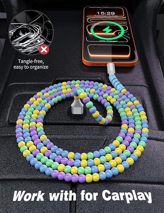 USB A to USB C Cable 6FT,Beaded Charger Cord for iPhone 17 16 Pro Max 17e 15 Car play,Type C Cute Car Charger Cord for iPad 10 11th A16/Samsung S26 S25 S24 S23 FE/Android Phone Girls Women,BlueYellow