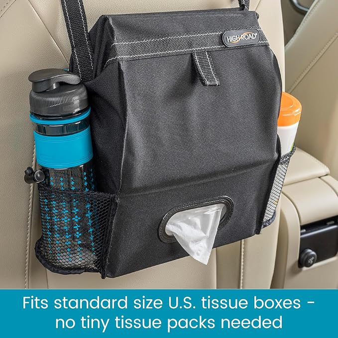 Car Organizer with Car Trash Bag and Tissue Holder - Holds Full Size Tissue Box, Bottles and Wipe Containers - 2 Gal Leakproof Covered Car Trash Can with Push-Close Lid