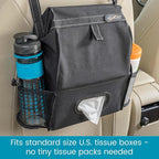 Car Organizer with Car Trash Bag and Tissue Holder - Holds Full Size Tissue Box, Bottles and Wipe Containers - 2 Gal Leakproof Covered Car Trash Can with Push-Close Lid