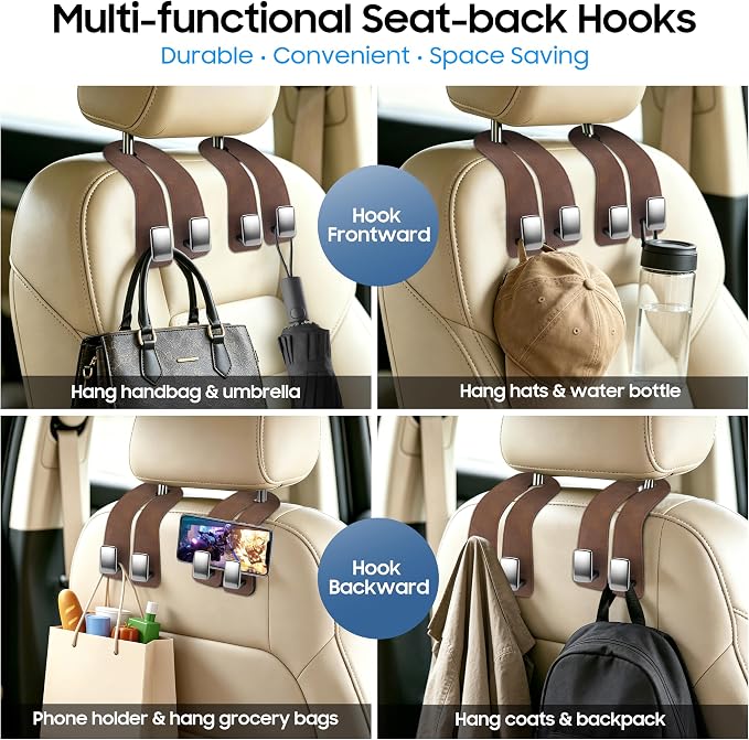 Car Headrest Hooks, Premium Suede with Metal Car Seat Back Storage Hooks for Handbag Coats Umbrella Backpack - 2 Pack, Brown