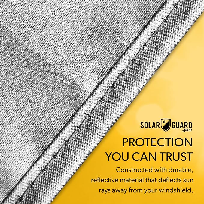 SolarGuard Plus Sunshade for Car Windshield - Reflective Car Shades for Windshield, Blocks Damaging UV Rays - for Use on Front Window Exterior, Includes Security Flaps - Silver, Standard Size