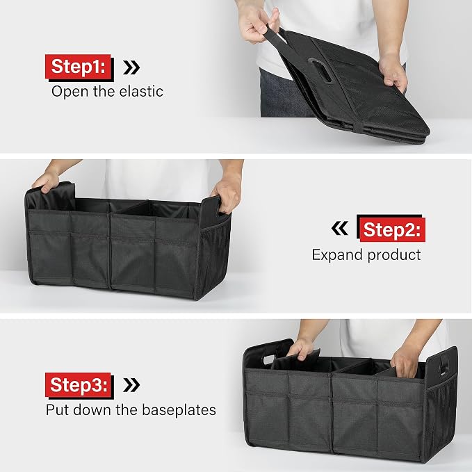 Car Trunk Organizer, 2 Compartments Anti-slip 14" D x 22" W x 12" H Collapsible Trunk Storage, 600D Oxford Polyester Car Storage, Suitable for SUV, Minivan, Truck, Black