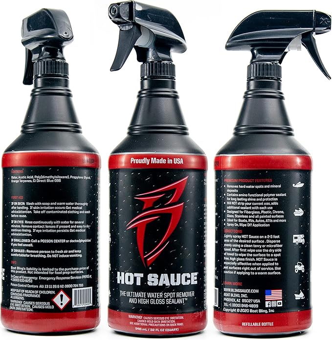 Hot Sauce Hard Water Spot Remover with Wax Sealants, 1 Gallon | Hard water spot remover cleans without stripping wax, adds glossy sealants and works on boats, RVs, autos and glass