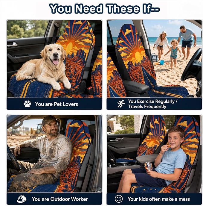 Car Seat Towel Cover 2 Pack for Front Seats, Sweat Absorbent Car Seat Protector with Non-Slip Backing, Waterproof Towel Car Seat Covers for Runners, Gym, Swimming, Beach, Desert Road Sunset