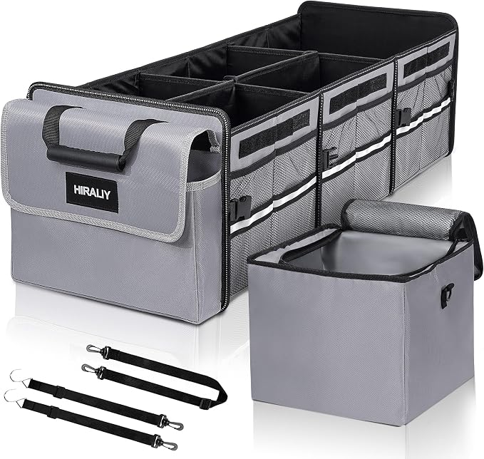 4 in 1 Car Trunk Storage Organizer with Leakproof Cooler Bag, Multi-Compartment Foldable Trunk Storage Box for Car Truck SUV Gray