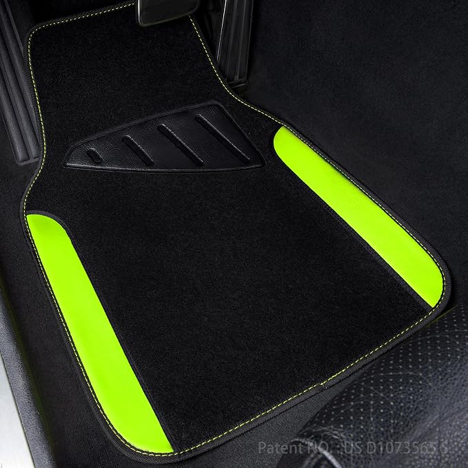 Fluorescent Leather & Waterproof Car Carpet Floor Mats, Universal Car Mats Fit for SUV,Vans,sedans, Trucks,Set of 4pcs Car Carpet with Anti-Slip nibbs Driver Heel Pad (Black Green Lime)