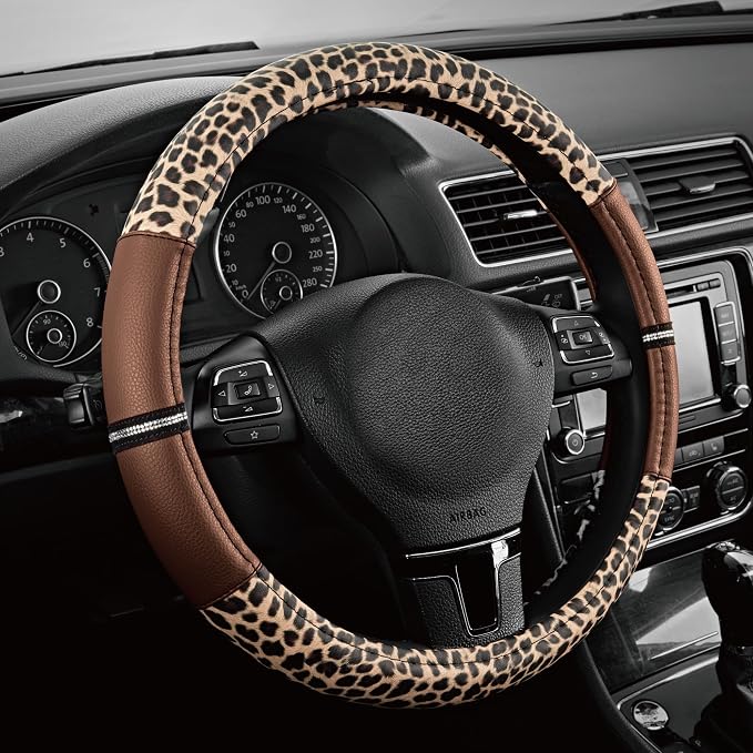 Leopard Steering Wheel Cover for Women, Cute Anti-Slip Microfiber Leather, Universal Fit 14.5-15 Inch Round Steering Wheel - Brown
