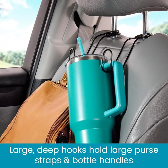 Metal Car Hooks for Purses and Bags - Large Hooks Won't Slip Off or Rattle | 2-pack Car Headrest Hooks Fit All Sized Metal Posts - Secure Attachment Holds Multiple Bags, Wide Straps and Hard Hats
