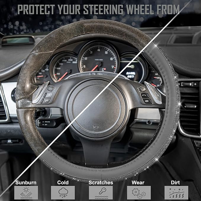 Bling Diamond Leather Steering Wheel Cover, with Bling Sparkly Crystal Glitter Rhinestones Universal Fit 14" 1/2-15" Car Wheel Protector for Women Girl Fit Suvs,Vans,Sedans,Cars,Trucks, Gray