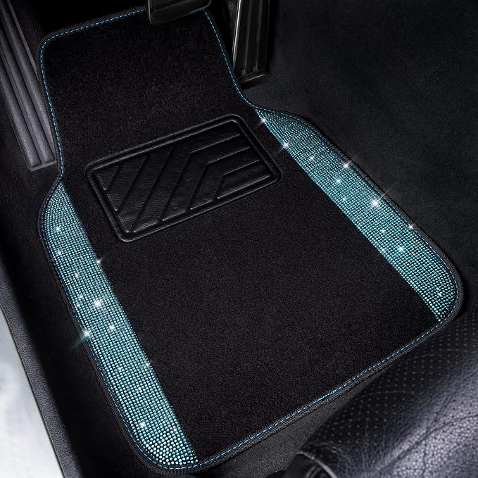 Bling Rhinestones Diamond Waterproof Car Floor Mat, Crystal Sparkly Shining Glitter Carpet, Anti-Slip PVC Heel Pad Universal for Interior Auto SUV,Sedan,Van,4pcs Girly Women Mint Teal Diamond