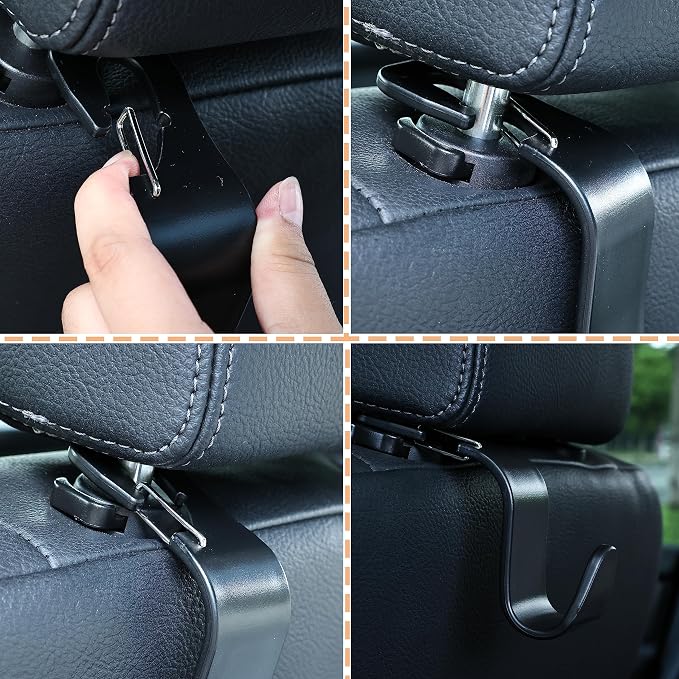 4-Pack 360° Rotating Car Headrest Hooks Vehicle Storage Organizer for Purses Handbags Groceries Backpack Coats – Holds 55lbs Universal Fit with Clip Black
