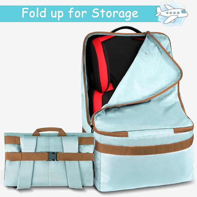 Padded Car Seat Travel Bag for Air Travel, Carseat Cover Backpack with Shoulder Straps, Large Carseat Gate Check Bag, Baby Travel Essential(Light Cyan)