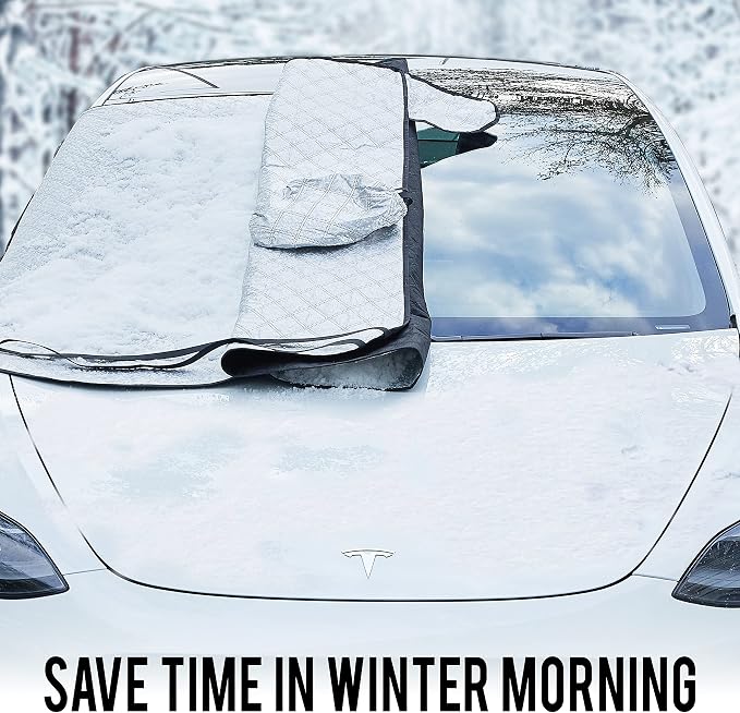 MAXORION Custom Fit Windshield Snow Cover for Tesla Model 3 & Y. Windshield Cover for Ice and Snow Comes with Heavy Duty Ice Scraper & Snow Brush. Tesla Model 3 & y Accessories. 69x55 inc
